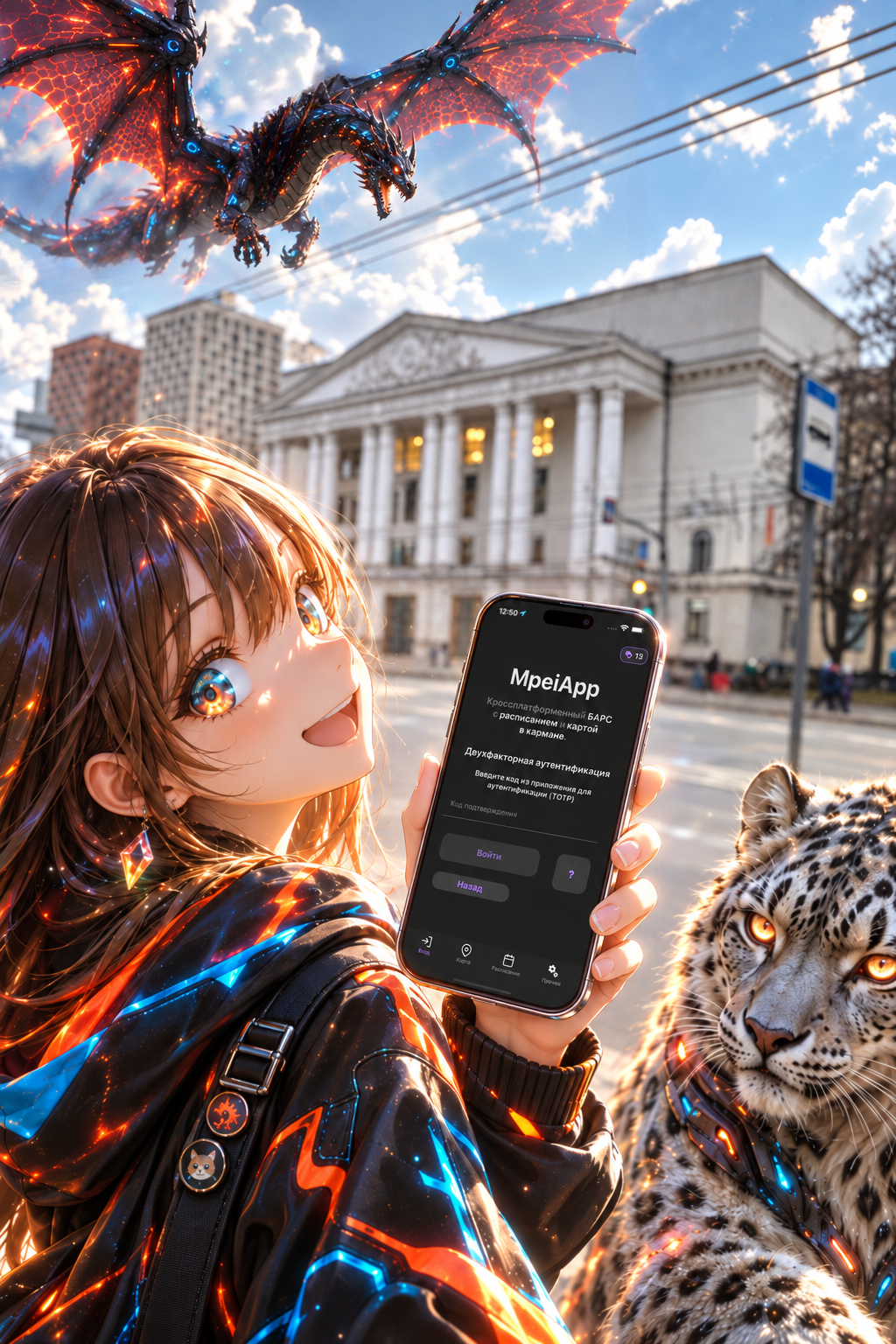 Девушка показывает MpeiApp на смартфоне на фоне главного корпуса МЭИ